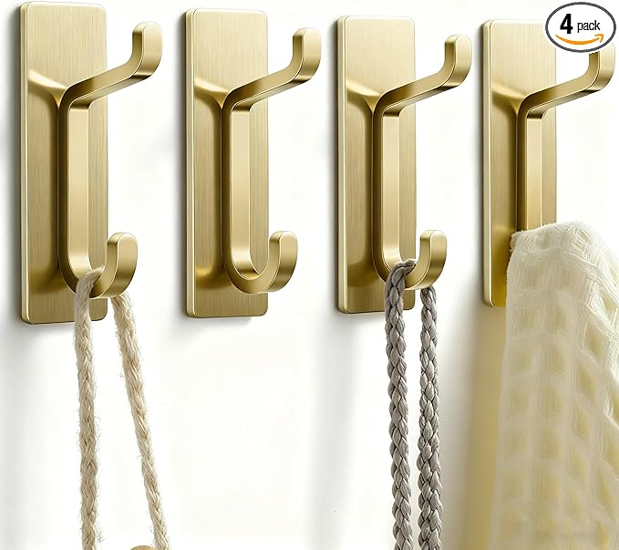pickpiff Self Adhesive Hooks, Extra Sticky 10LB (Max), Heavy Duty Stainless, Stick On Wall and Door Hooks for Hanging, Bathroom Towel Hooks and Coat Hooks, Robe Hook Wall Mounted, Gold, 4 Pack