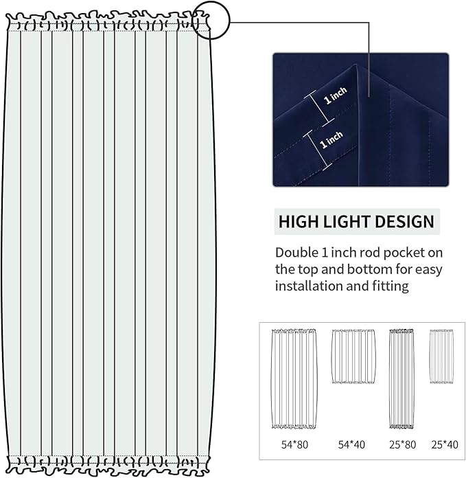 DWCN French Door Curtains – Rod Pocket Thermal Blackout Curtain for Doors with Glass Window, Kitchen and Patio Doors for Privacy, 25 X 80 Inches Long, 1 Curtain Panel with Tieback, Navy Blue
