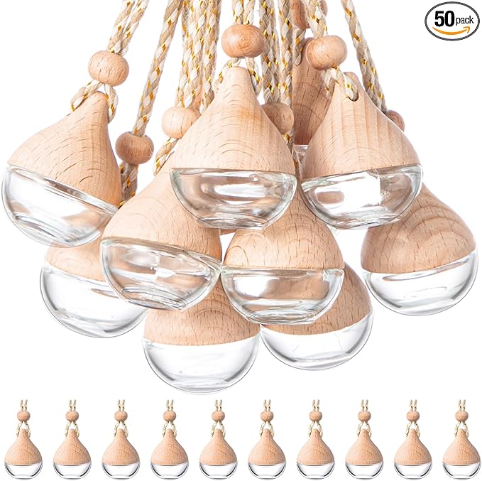 BBTO 50 Pcs Hanging Car Air Freshener Car Diffuser Bottles Empty Glass Perfume Bottle Freshener Diffuser Bottle Pendant for Essential Oil Fragrance Aromatherapy Bottle Ornament(Water Drop)