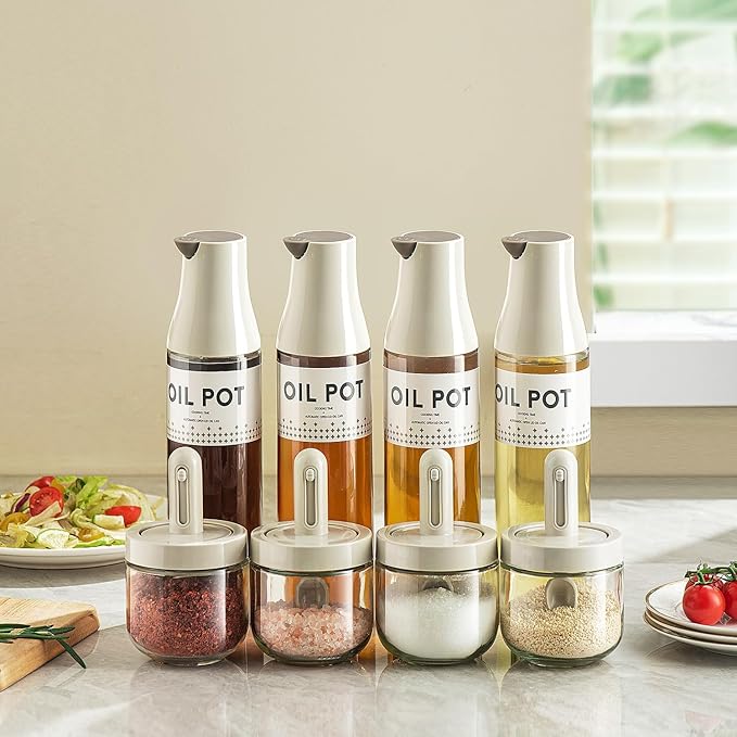 Olive Oil Dispenser Bottle, Auto Flip Non-Drip Design, Leak Proof Soy Sauce & Vinegar Dispenser, Glass Oil Bottle with 500ml Capacity, Warm Grey (1)