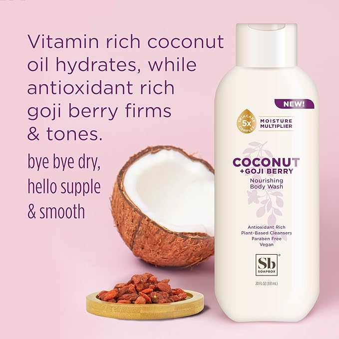 Soapbox Body Wash, Coconut + Goji Berry Body Wash for Women, Men, Vegan + Antioxidant Rich Moisturizing Soap with Shea Butter, Peptides & Keratin Promoting B3, 3 Pack, 20oz Each