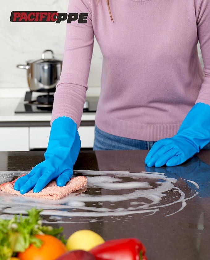 PACIFIC Cleaning Gloves with Latex free, Dishwashing Kitchen Gloves with Cotton Flocked Liner, Reusable, Non-Slip, Water Resistant Household Gloves, Blue, Medium