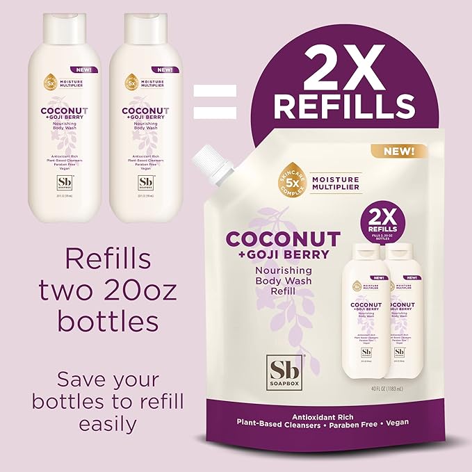 Soapbox Body Wash Refill, Coconut + Goji Berry Body Wash Refill Pack, Bulk Soap Pouch, Vegan + Antioxidant Rich Moisturizing with Shea Butter, Peptides & Keratin Promoting B3, 40oz