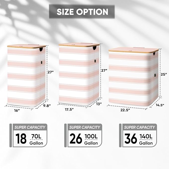 BALEINE Laundry Hamper with Lid, Tall Laundry Baskets with Bamboo Pull Handles, Large Laundry Bin with Internal Support (36 Gal/140L, Pink Stripe)