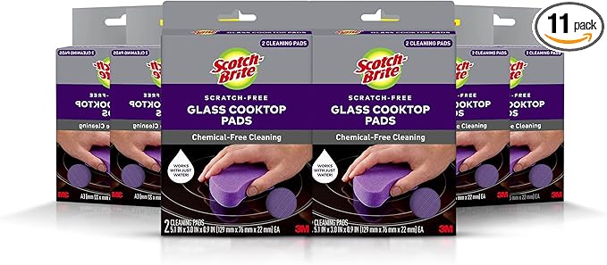 Scotch-Brite Glass Cooktop Pads, Scratch-Free & Non-Abrasive Scrubbers for Glass or Ceramic Stovetops, Cleans Burnt-On Messes with Just Water, Reusable Dishwasher-Safe Design (12 Pads)
