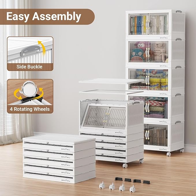 BROVIEW 360Qt Stackable Storage Bins with Lid, Extra Large Closet Organizer Collapsible Drawer Boxes with Wheels, Folding Plastic Cabinet Containers for Home Kitchen Room Organization, 3Pack White