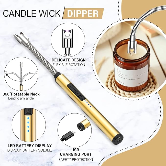 5 in 1 Candle Accessory Set,Candle Wick Trimmer Cutter,Candle Wick Dipper,Candle Wick Snuffer,Rechargeable Candle Lighter,Tweezers,Stainless Steel Candle Care Kit Home Gift for Aromatherapy(Gold)