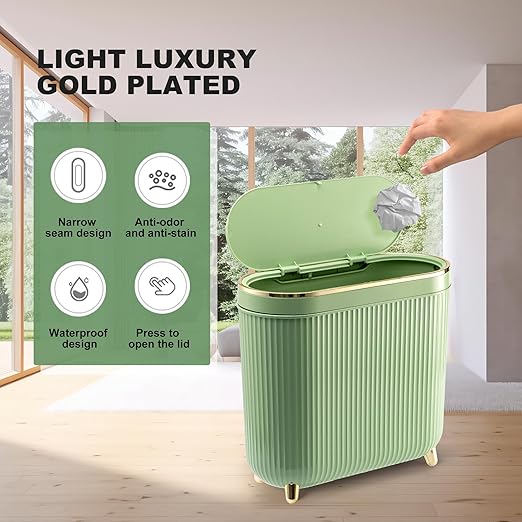 Bathroom Trash Can with Lid 3.2 Gallon Narrow Trash Can Small Plastic Trash Bin 12 Liter with Press Type Lid for Bedroom Bathroom, Mint Green