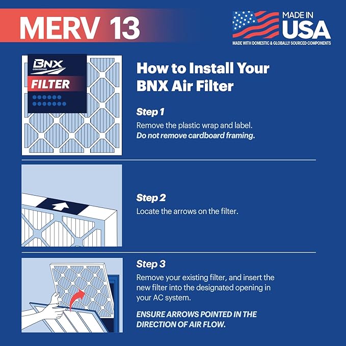 BNX TruFilter 20x24x1 Air Filter MERV 13 (6-Pack) - MADE IN USA - Electrostatic Pleated Air Conditioner HVAC AC Furnace Filters for Allergies, Pollen, Mold, Bacteria, Smoke, Allergen, MPR 1900 FPR 10