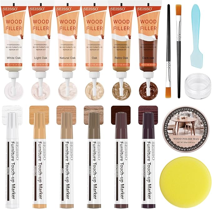 Wood Furniture Repair Kit - 6 Oak Color Wood Fillers with 6 Touch Up Markers and Wood Polish Wax for Wooden Stains, Scratch Repair, Cracks, Perfect for Laminate, Cabinet, Tables, Oak, Walnut