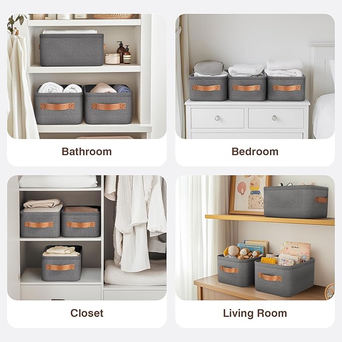 Large Storage Baskets for Shelves 3 Packs, Fabric Storage Bins for Shelves with Handles, 13.8'' L ×10.2'' W × 6.7'' H Collapsible Baskets for Organizing Clothes, Toy, Grey
