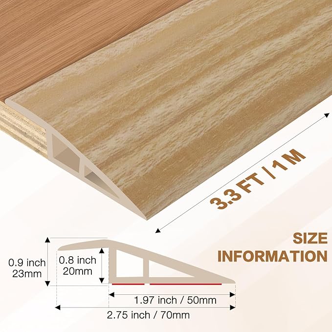 Floor Transition Strip Vinyl Door Threshold Ramp Self Adhesive Carpet Edging Strip Doorway Edge Trim, Overlap Edge Reducer for Laminate Carpet, Floor, Tile (Light Yellow Grain, 3/5" to 4/5", 3.3Ft)