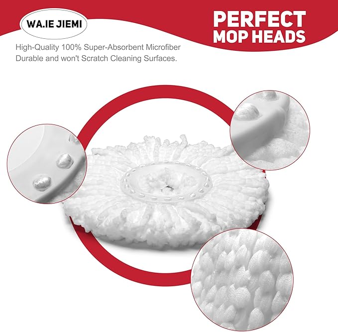 4-Pack White Mop Replacement Heads with 1 Spin Mop Scrub Brush - Microfiber Replacement Mop Heads Universal for 360°Spin Magic Mopping,Round Shape Standard Size