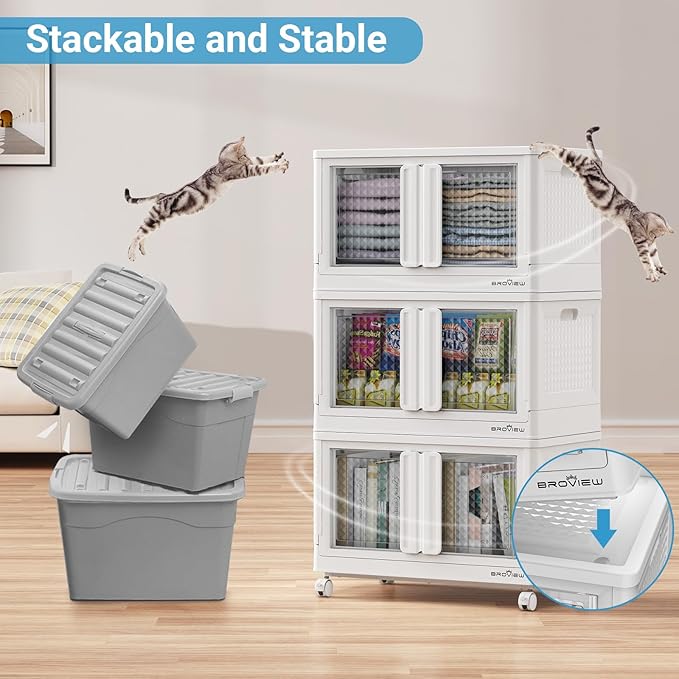BROVIEW 300 Qt Stackable Storage Bins with Lids & Doors, 3 Pack Plastic Closet Organizer and Storages Drawers with Wheels, Large Collapsible Storage Boxes, Cabinet for Home, Office, V10, White