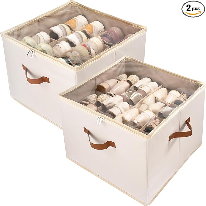Shoe Organizer Box 2 Pack, Shoe Storage Organizer with Clear Cover, Adjustable Dividers Fits 16-32 Pairs, Fabric Shoe Organizer for Closet, Beige