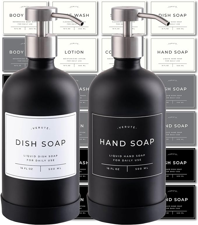16oz Glass Soap Dispenser with Stainless Steel Pump, 21 Waterproof Labels, Non-Slip Protective Silicone Pad, Set of 2 for Bathroom & Kitchen (Matte Black Bottle/Brushed Silver Pump)
