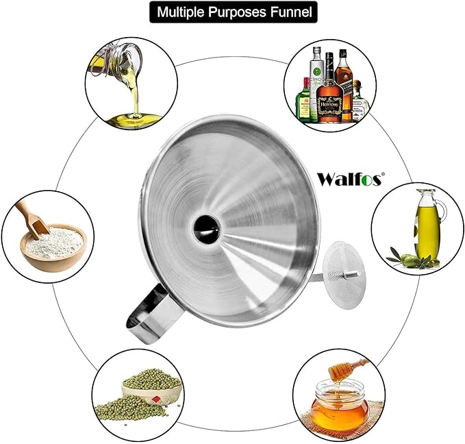 Stainless Steel Funnel, Walfos 3 Pack Kitchen Funnel with 2 Removable Strainer ＆ 1Pcs Cleaning Brush, Perfect for Transferring of Liquid, Oils, Jam, Dry Ingredients & Powder