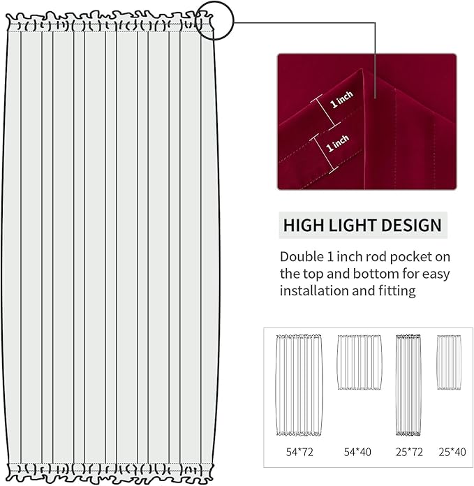 DWCN French Door Curtains – Rod Pocket Thermal Blackout Curtain for Doors with Glass Window, Christmas, Kitchen and Patio Doors for Privacy, 25 X 72 Inches, 1 Curtain Panel with Tieback, Burgundy