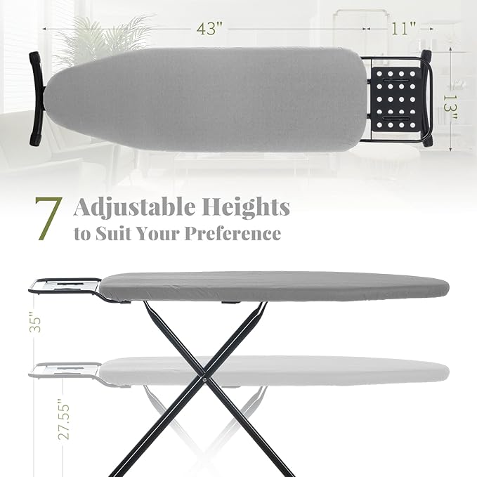 Ironing Board Full Size, RAINHOL 43"x13" Heavy Duty Compact Ironing Board with Iron Rest, Height Adjustable Sturdy Iron Stand, Grey Cover with Extra Thick Padding