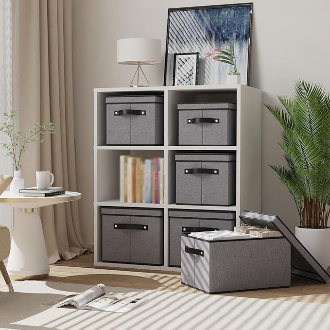 Fabric Storage Boxes, 7.1 x 9.1 x 13 Inch Baskets for Shelves with Lids, Wardrobe Organiser with Handles, Decorative Linen Closet Organizer Bins, Gray, 1 Pack