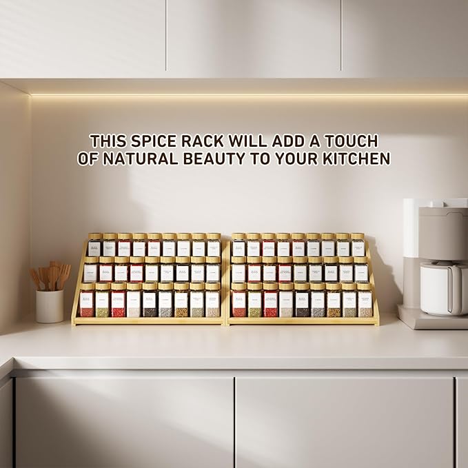Bamboo Tiered Spice Rack, for Countertop Spice Organizer for Pantry Spice Shelf Organizer Kitchen Spices Rack，Cabinet spice rack，Cabinet seasoning rack
