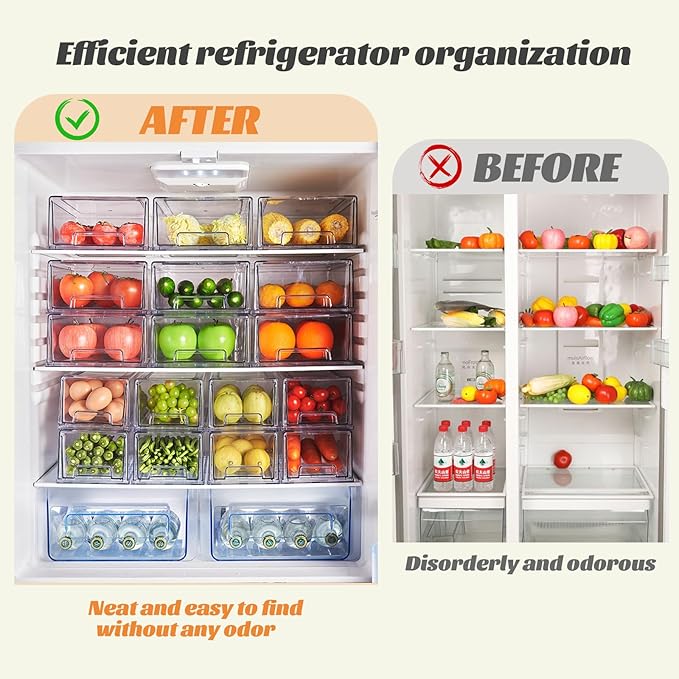 PeJeyiee Clear Stackable Refrigerator Organizers and Storage Drawers - Pull-Out Fridge Bins with Anti-Slip Base & Easy Clean, Plastic Organizers for Kitchen Pantry Cabinet Closet ﻿ (2XL)