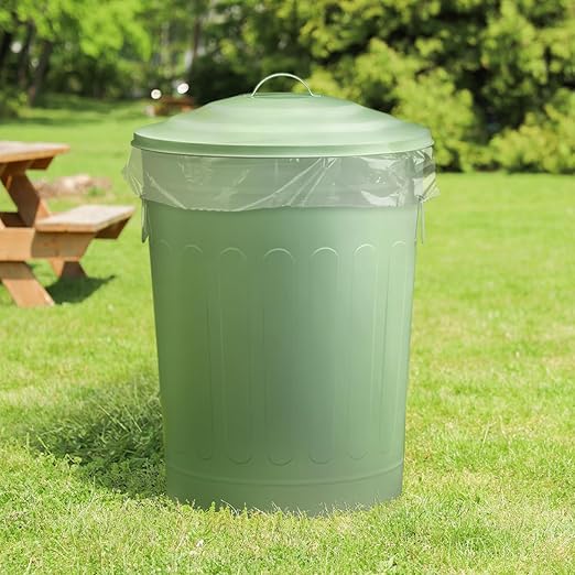 Plexon Round Trash Can 13 Gallon, Vintage Metal Outdoor Trash Can with Lid, Retro Farmhouse Garbage Container, Old School Modern Ash Bucket, Green