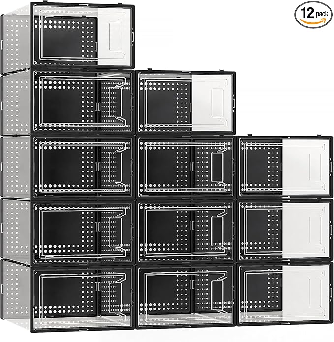 12 Pack XX Large Shoe Organizer Storage Boxes for Closet, Modular Space Saving Shoe Boxes Clear Plastic Stackable Sneaker Containers Display Case with Lids, Black