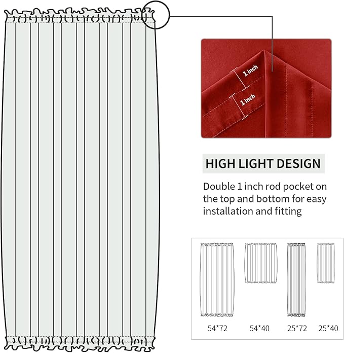 DWCN French Door Curtains – Rod Pocket Thermal Blackout Curtain for Doors with Glass Window, Christmas, Kitchen and Patio Doors for Privacy, 25 X 40 Inches Long, 1 Curtain Panel with Tieback, Red