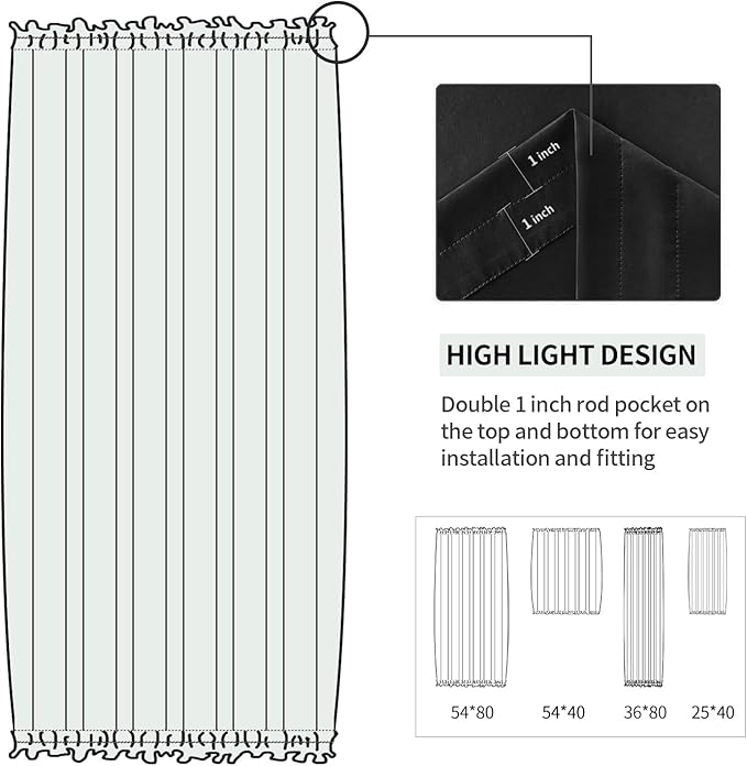 DWCN French Door Curtain - Rod Pocket Thermal Blackout Panel for Glass Window, Kitchen and Patio - Privacy, 54 X 80 Inches Long, 1 Panel With Tieback, Black