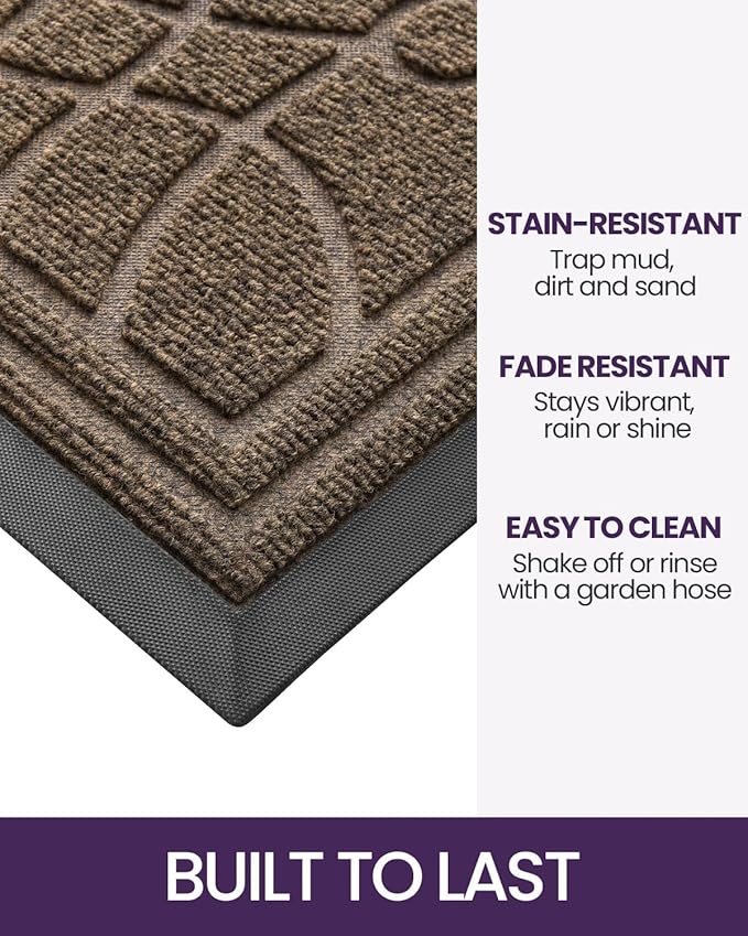DEXI Front Door Mat Outside Entrance, Heavy Duty Non Slip Low Profile Doormat for Entryway, Trap Dirt and Moisture Welcome Mats, Easy Clean, Patio, Garage, 17x29, Brown