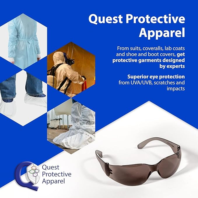 Quest Protective Apparel Safety Glasses for Men and Women - Anti Fog Safety Goggles for Shooting, Lab, or Construction – Polycarbonate Eye Protection [Smoke & Pack of 12]