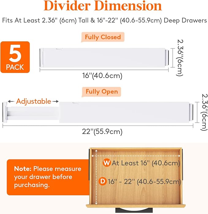 Lifewit 5 Pack Kitchen Drawer Dividers 2.36" High, 16"-22" Adjustable Drawer Organizer for Utensils/Clothes/Makeup, Plastic Expandable Separators in Dresser/Bedroom/Bathroom/Office Storage