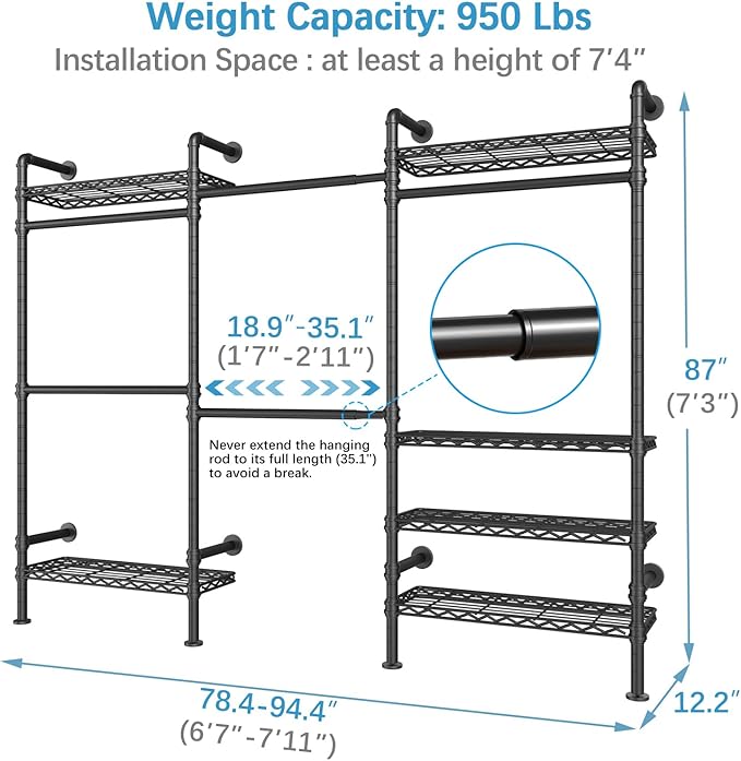 Timate F3 Garment Rack Heavy Duty Clothes Rack for Hanging Clothes, Expandable Industrial Pipe Wall Mounted Clothing Racks, Adjustable Storage Wardrobe Closet Kit Walk in Closet Systems, Black