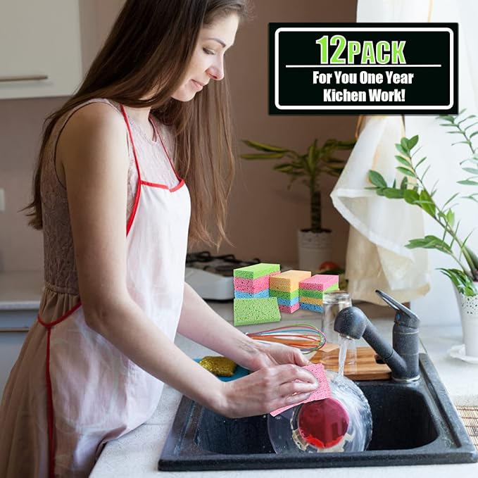 Compressed Cellulose Kitchen Sponges 12Pack，Non-Scratch Biodegradable Natural Colorful Sponge Scrub for Dishes Cleaning,Funny DIY Sponge for Kids