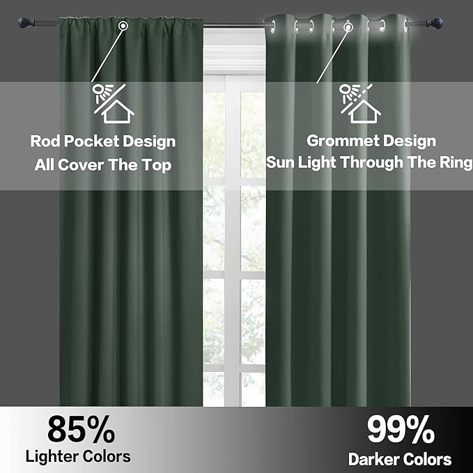 RYB HOME Living Room Curtains 72 inch Length 2 Panels Set, Thermal Insulated Privacy Window Drapes Rod Pocket Design All Lights Blocking for Bedroom Studio, W 42 x L 72 inch, Dark Green