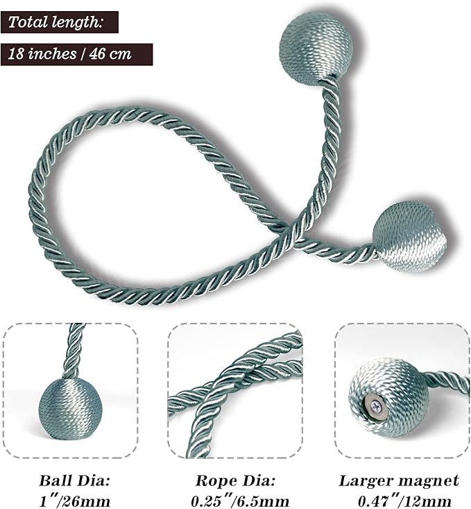 Hion Magnetic Curtain Tiebacks Gray Blue 2 Pack, Curtain Tiebacks Buckles Holdbacks Holders Hooks Clip for Home Bedroom Office Decorative Thick or Thin Curtain