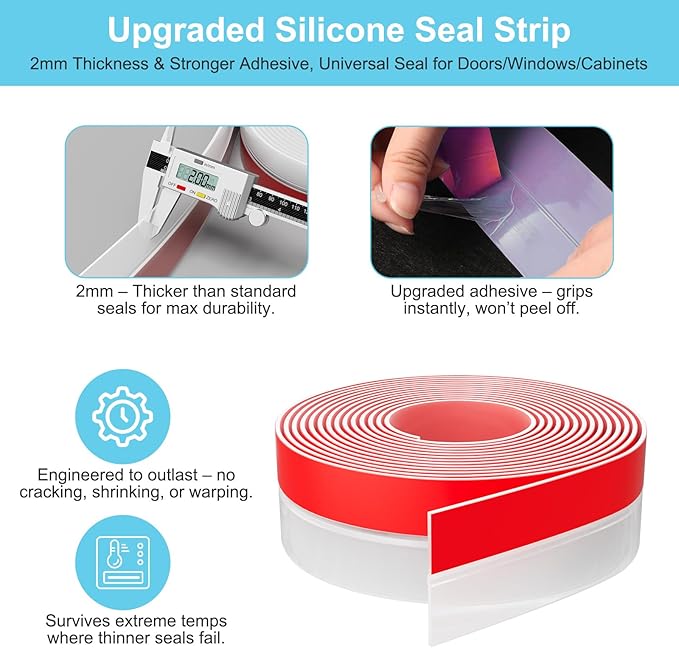 Heavy-Duty 20 ft x 3 in Weather Stripping, Extra Thick 2mm Door Draft Stopper Silicone Seal Strip for House and Glass Shower Doors for Collision and Side Gaps of Door and Windows, Clear