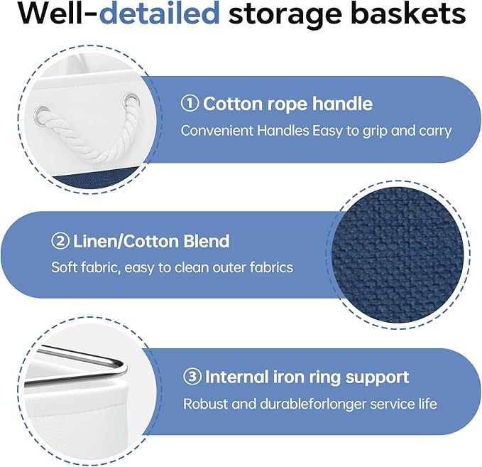 13x13 Inch Cube Storage Bins with Reinforced Bottom Cardboard, 6 Pack Large Collapsible Fabric Storage Cubes with Handles for Shelf, Closet, Toy, Laundry Organization (White&Navy Blue)
