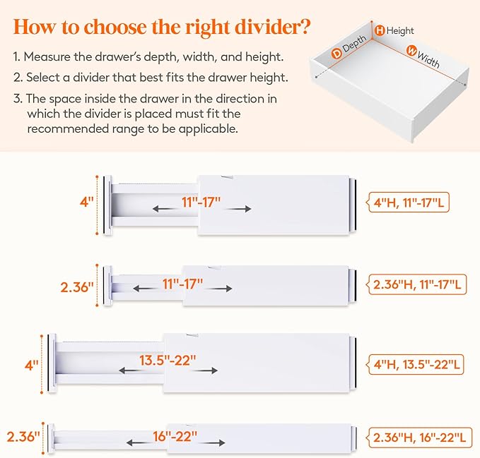 Lifewit 10 Pack Drawer Dividers 4" High,11-17" Adjustable Dresser Drawer Organizers for Clothes, Expandable Dresser Separators in Bedroom/Bathroom/Kitchen/Vanity/Office Organization and Storage, White