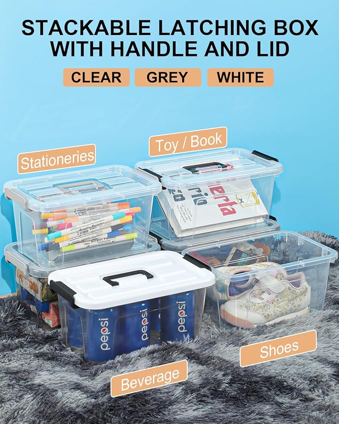 NUMIFUN Plastic Storage Bins with Lids 6 Pack Storage Organizer, 7 Quart Stackable Storage Bins with Buckle-Up Latches and Handle easy for Home Office Pantry Organization, Clear Lids