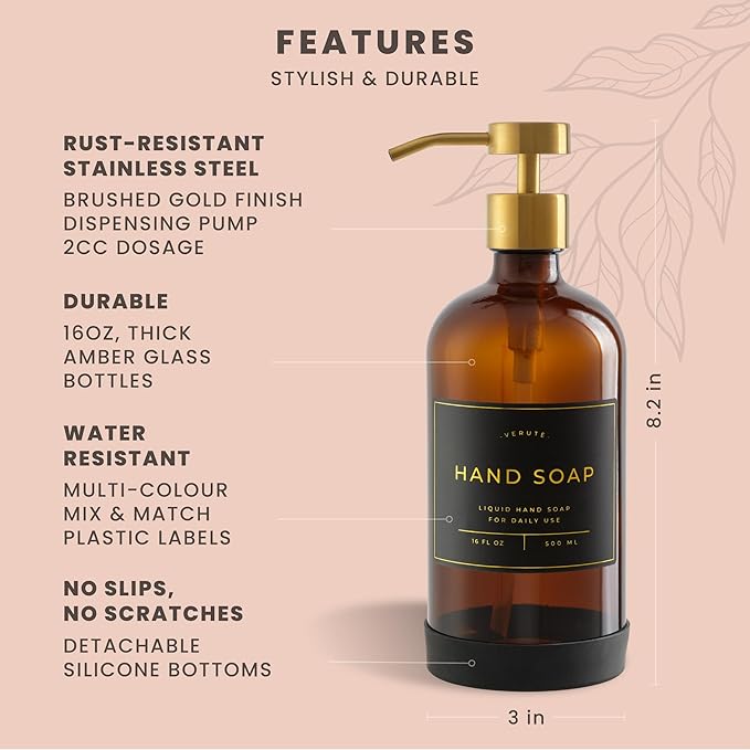16oz Glass Soap Dispenser with Stainless Steel Pump, 21 Waterproof Labels, Non-Slip Protective Silicone Pad, Set of 2 for Bathroom & Kitchen (Amber Bottle/Brushed Gold Pump)