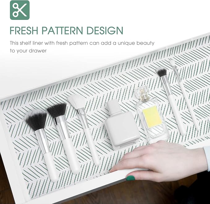 Glotoch Shelf Liners for Kitchen Cabinets Non-Adhesive,12in x 20FT Non Slip Shelf Liner Waterproof Contact Paper for Cabinets and Drawers,Pantry, EVA Wire Shelf Liners,White and Green Herringbone