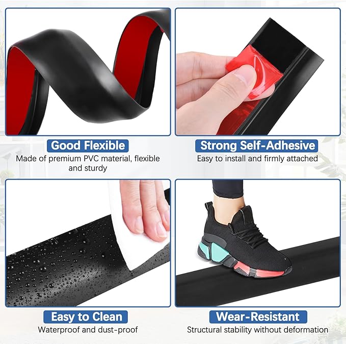 Vinyl Door Threshold Flooring Transition Strip Self Adhesive Carpet Edging Strip for Laminate Doorway Edge Threshold from 2/5" to 3/5" (Black, 6.6 Ft)