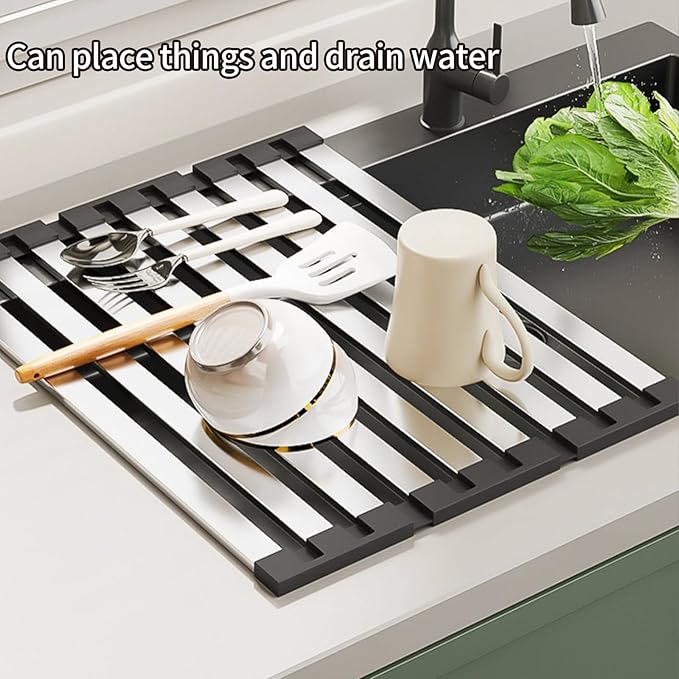 Foldable Dish Drying Rack, Over The Sink Dish Drying Rack ，Dish Drying mat，Dish Drying mats for Kitchen Counter，Stainless Steel Multifunctional mat(16.54×12.8in)
