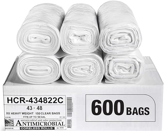 Aluf Plastics High Density Trash Bags, 56 Gallon, 600 Count, 22 Micron (eq), 43" x 48", Clear, for Bathroom, Office, Industrial, Commercial, Janitorial, Municipal, Recycling