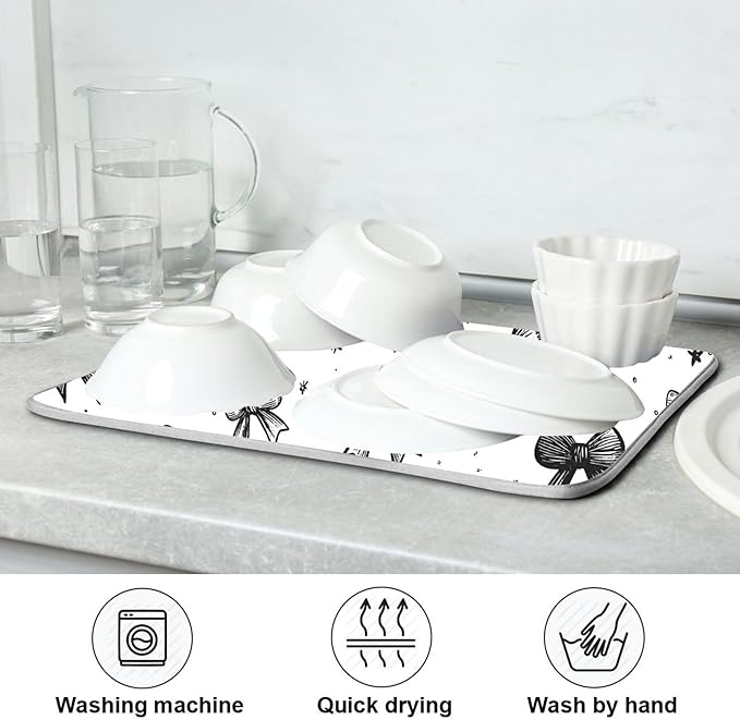 Black White Bowknot Dish Drying Mat for Kitchen Countertop 16x18 Rectangle Bow Small Drying Mat Reusable Quick Dry Dish Sink Absorbent Mats Dishwasher Easy Clean Decorative Home Decor Essentials