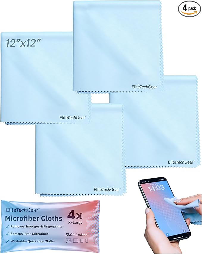 Elite Screens Microfiber Cleaning Cloth - 12 x 12 in, Pack of 4, Blue - Glasses Cleaning Cloth & Lens Wipes for Eyeglasses & Screens