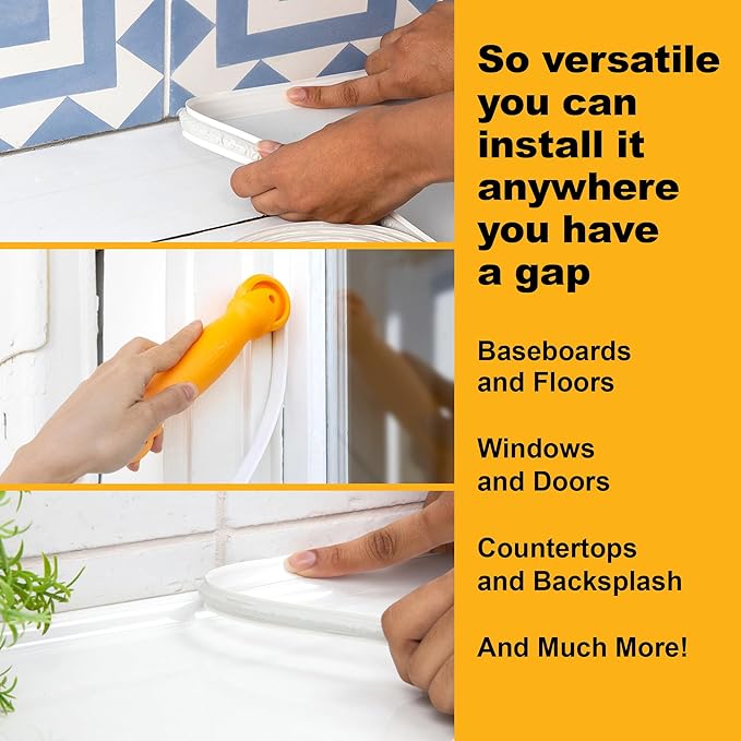 InstaTrim The Original Flexible Trim - 50ft White 3/4" Wide Caulk Tape - Adhesive Trim with Many Uses Including Caulking for Bathtubs, Sinks, Counters, Tile, Floors - Made in USA