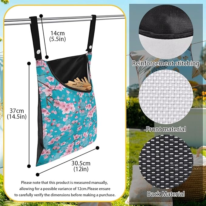 Cherry Blossom Clothespin Pouch Clothespin Bag with Hanging Hook Waterproof Clothes Pin Hanging Bag Space-Saving Clothespin Storage Organize Clothespin Bag for Clothesline Outdoor, 1 Pack
